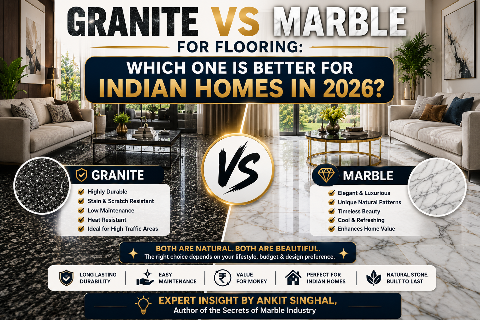 You are currently viewing Granite vs Marble for Flooring: Which One Is Better for Indian Homes in 2026?