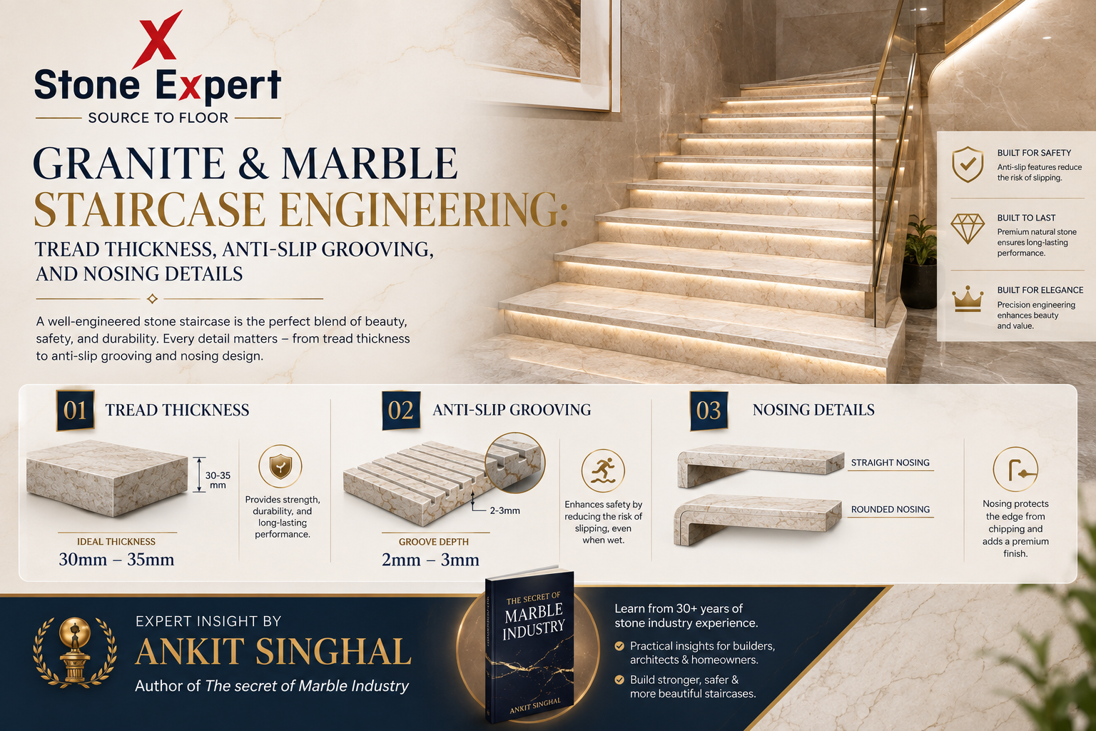 You are currently viewing Granite & Marble Staircase Engineering: Tread Thickness, Anti-Slip Grooving, and Nosing Details